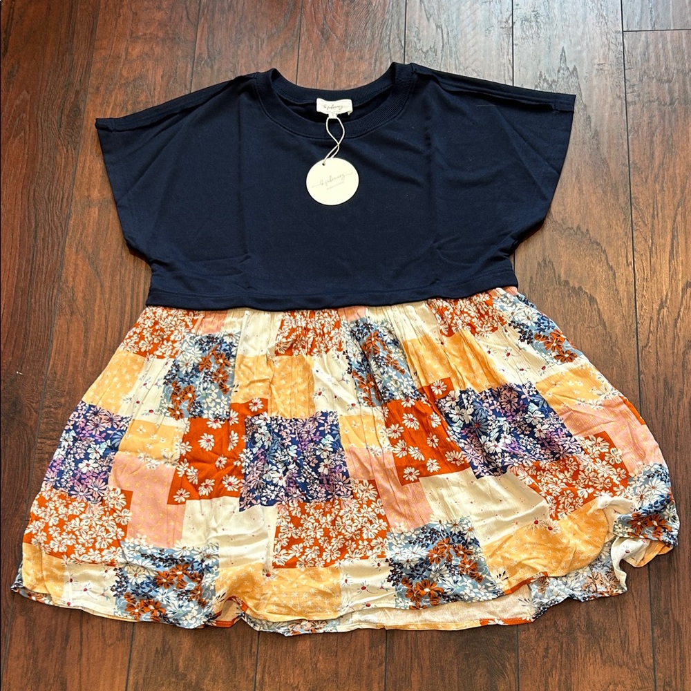 Relaxed Fit Navy Patchwork Dress small NWT